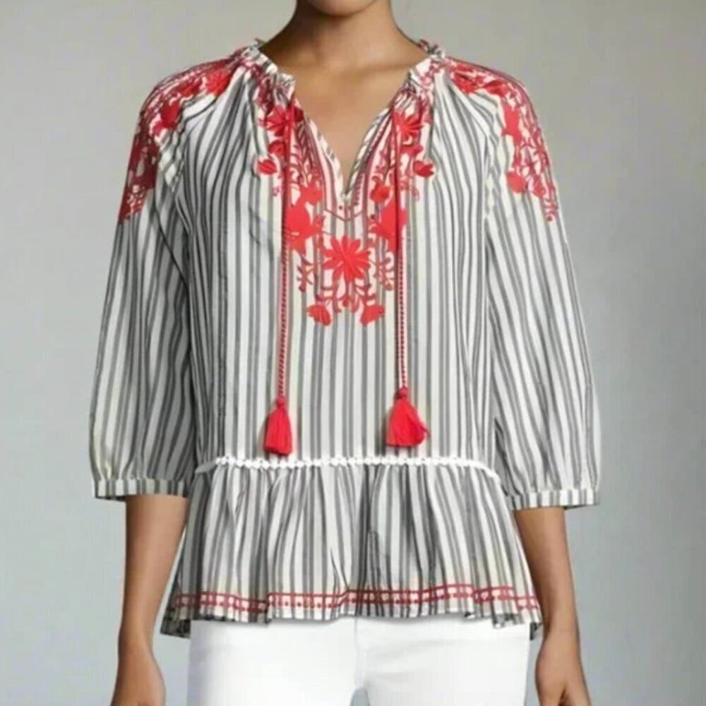 Kate Spade BROOME STREET Boho Preppy Floral Embroidery Peplum Top XS Blue Stripe